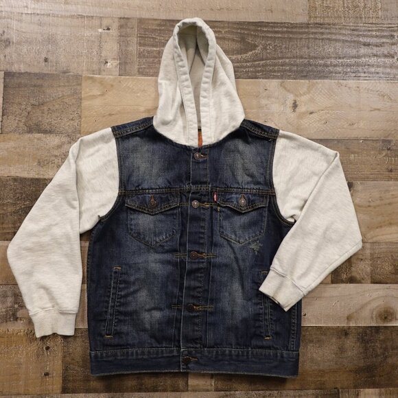 Levi’s Denim Trucker Jacket Hoodie Youth Large Blue Jean Sweatshirt - Picture 1 of 10
